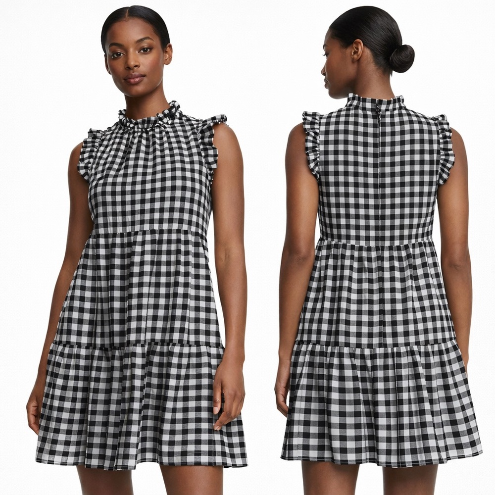 MAEVE by Anthropologie Gingham Tiered Dress‎ XS|Black White|Ruffle Prairie